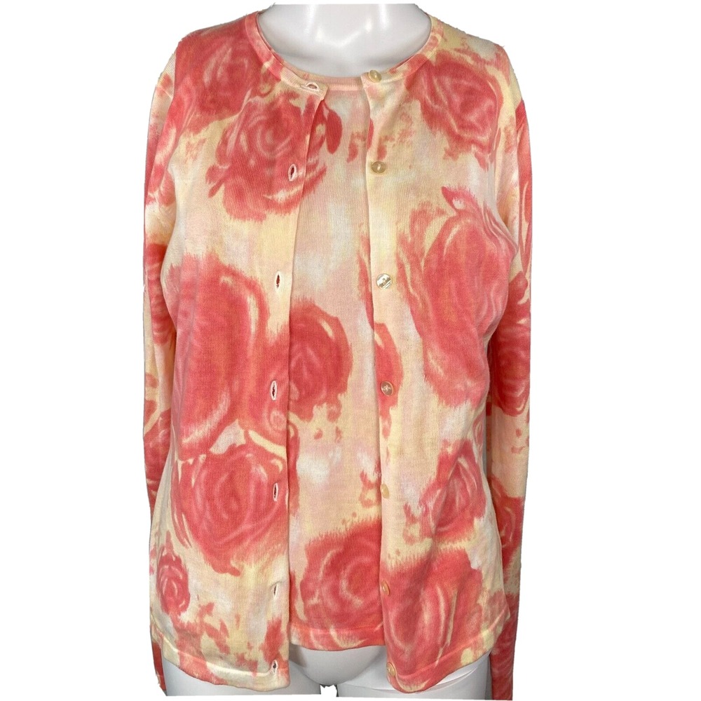 Kate Hill Cardigan Set Womens Sz XS Pink Floral Sweater Lightweight 100% Cotton